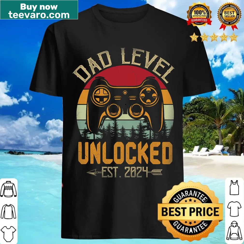 Dad Level Unlocked T-shirt with playful leveling up graphic — on a men's t-shirt