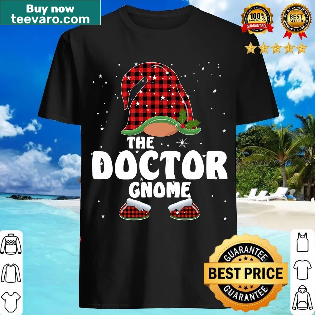Cute Doctor Gnome graphic on Buffalo plaid Christmas T-shirt — on a men's t-shirt