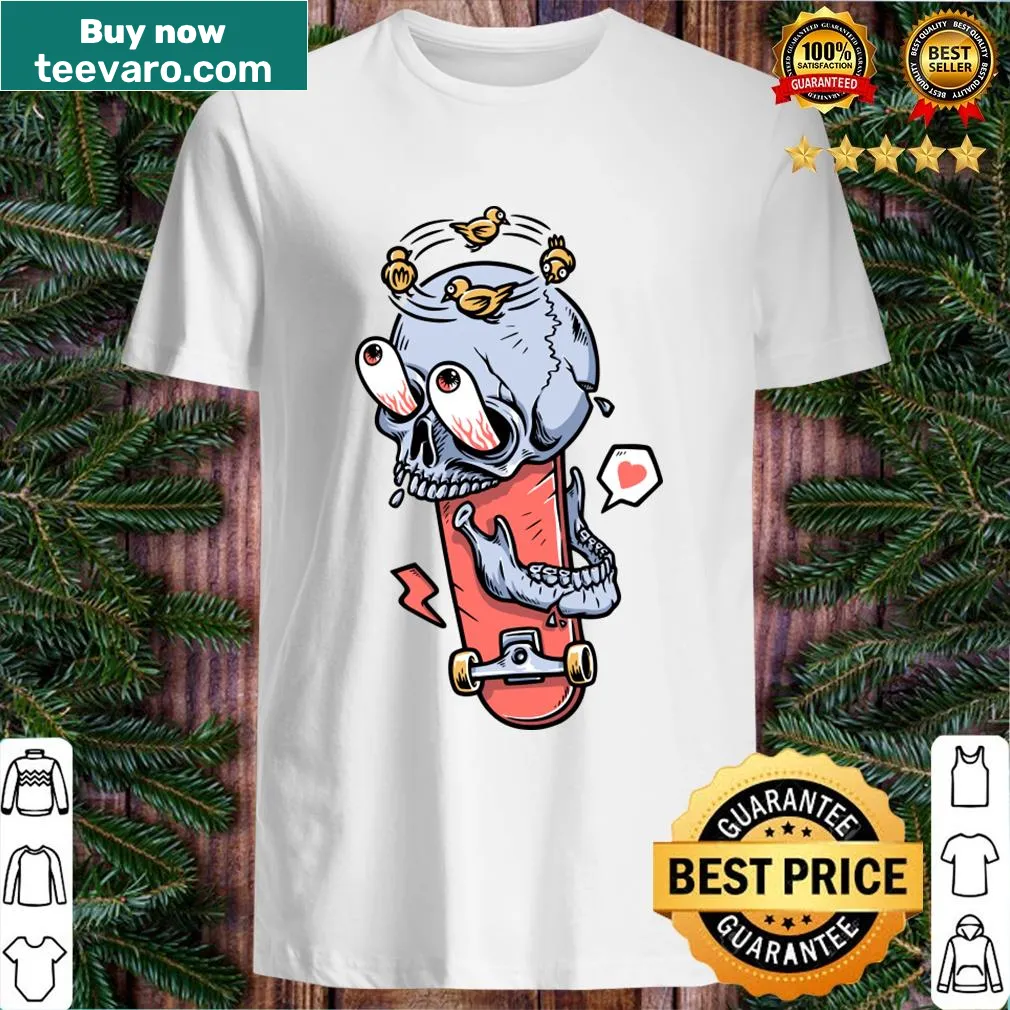 Graphic of a skateboard skull design printed on T-shirt — on a men's t-shirt