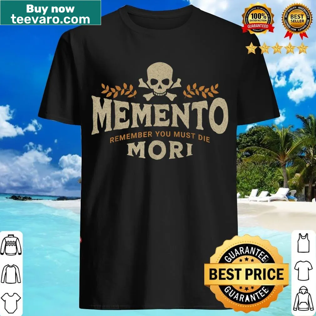 T-shirt with the Latin phrase 'Memento Mori' and a skull graphic — on a men's t-shirt