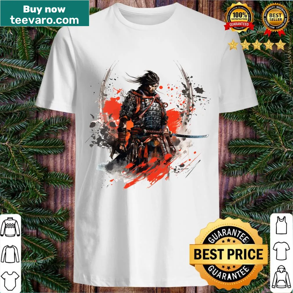 Vibrant anime samurai graphic tee with an oil paint splash design. — on a men's t-shirt