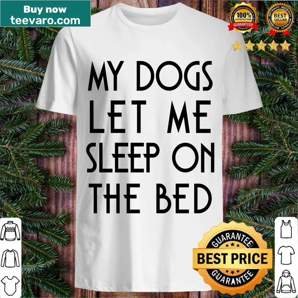 Humorous t-shirt for dog owners featuring the slogan about sharing the bed with pets — on a men's t-shirt