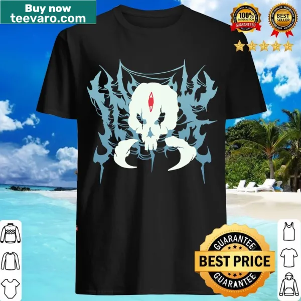Illustrated skull with death metal horns on a T-shirt.