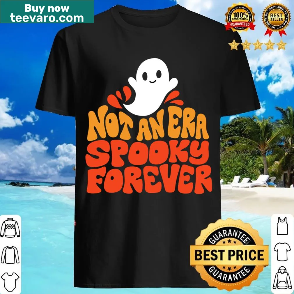 Playful Spooky Forever graphic on an orange Halloween T-shirt — on a men's t-shirt