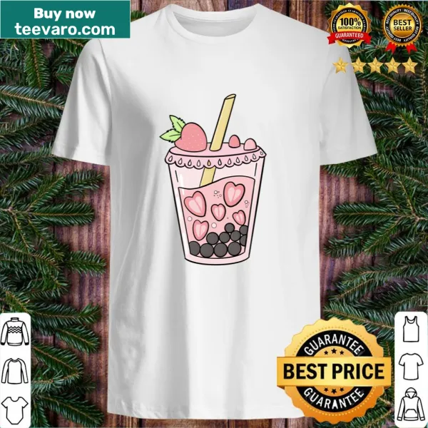 Charming graphic of strawberry boba on a casual t-shirt.
