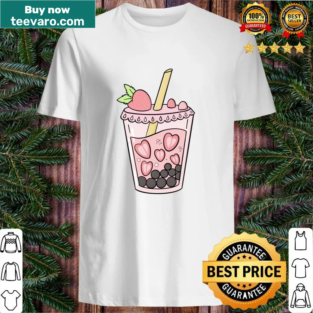 Charming graphic of strawberry boba on a casual t-shirt. — on a men's t-shirt