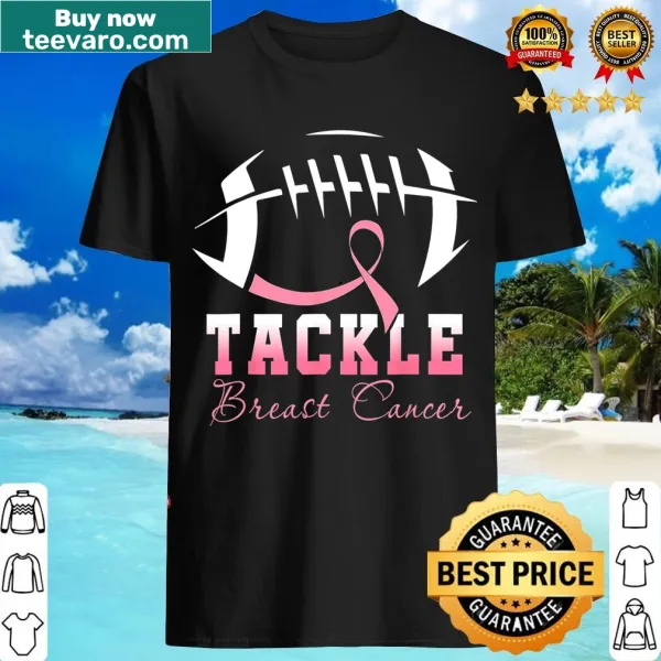 Football-themed t-shirt with a pink ribbon for breast cancer awareness