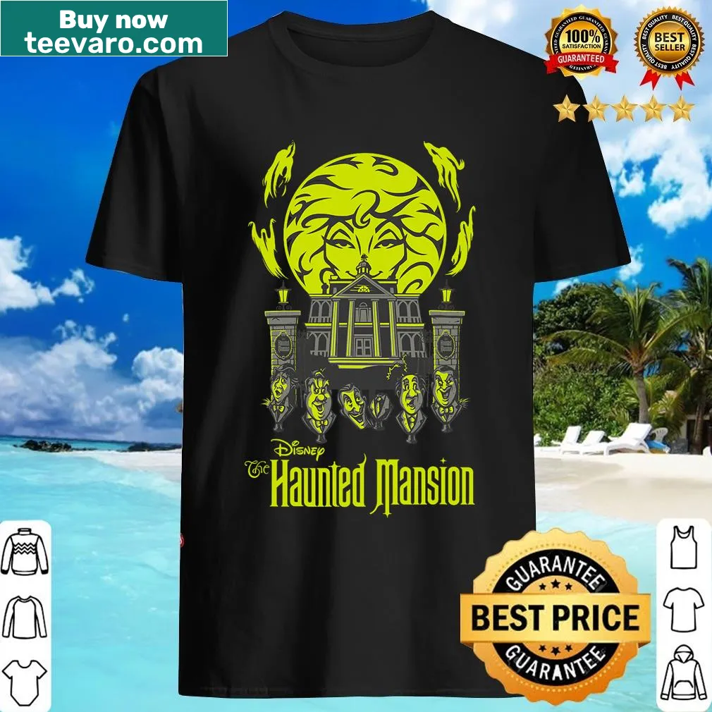Illustrated T-shirt featuring Madame Leota and Singing Busts from the Haunted Mansion — on a men's t-shirt