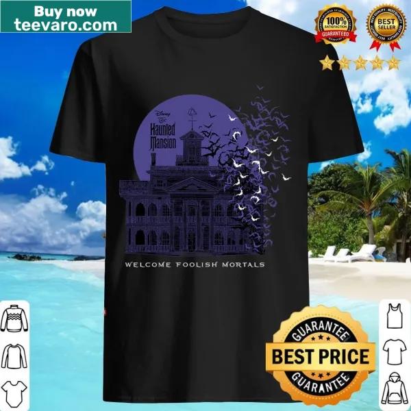 Haunted Mansion-themed t-shirt with bats and spooky text.