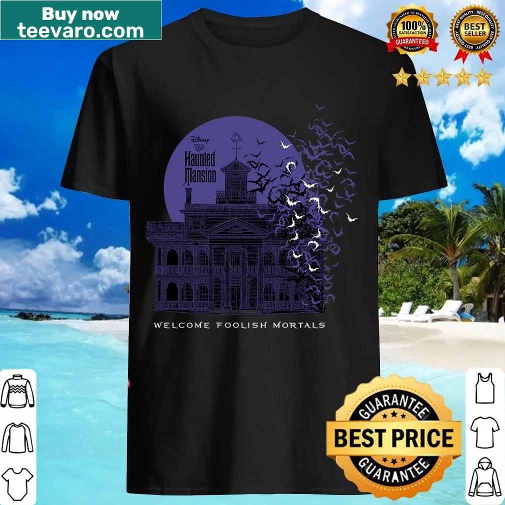 Haunted Mansion-themed t-shirt with bats and spooky text. — on a men's t-shirt