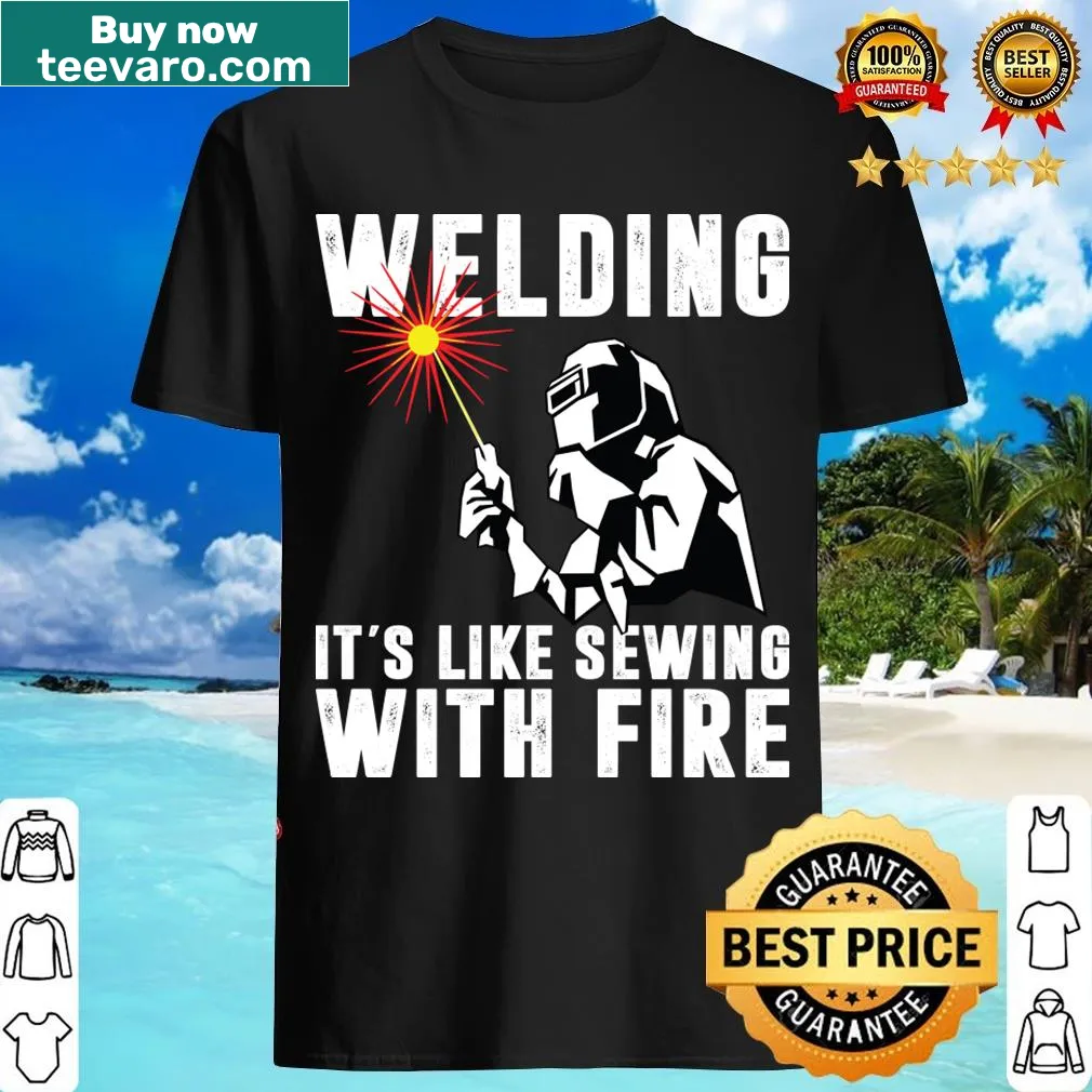 Humorous graphic T-shirt for welders with sewing and fire theme — on a men's t-shirt