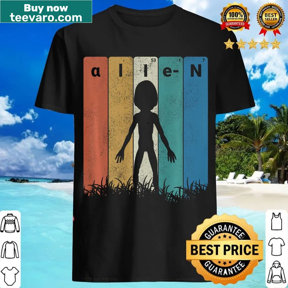 Halloween-themed T-shirt with alien and periodic table design — on a men's t-shirt