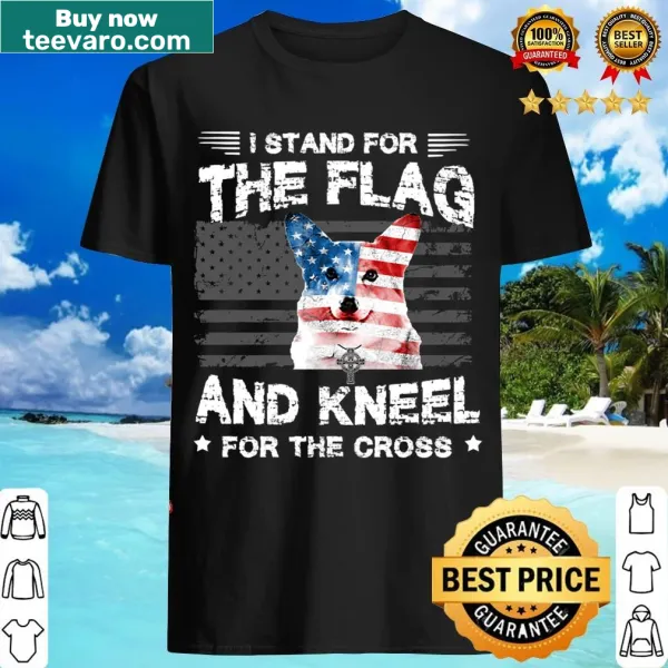 Patriotic t-shirt featuring a corgi beside the flag illustration