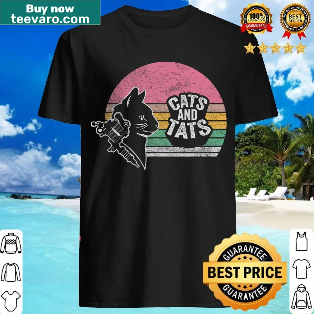 Retro design featuring cats and tattoos for tattoo lovers — on a men's t-shirt