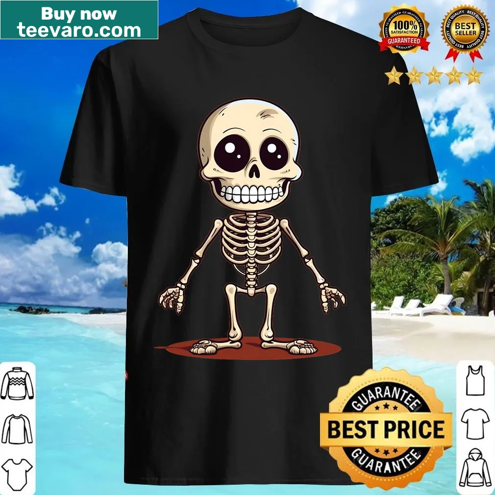 Cartoon skeleton graphic with a big laugh on a humorous T-shirt — on a men's t-shirt