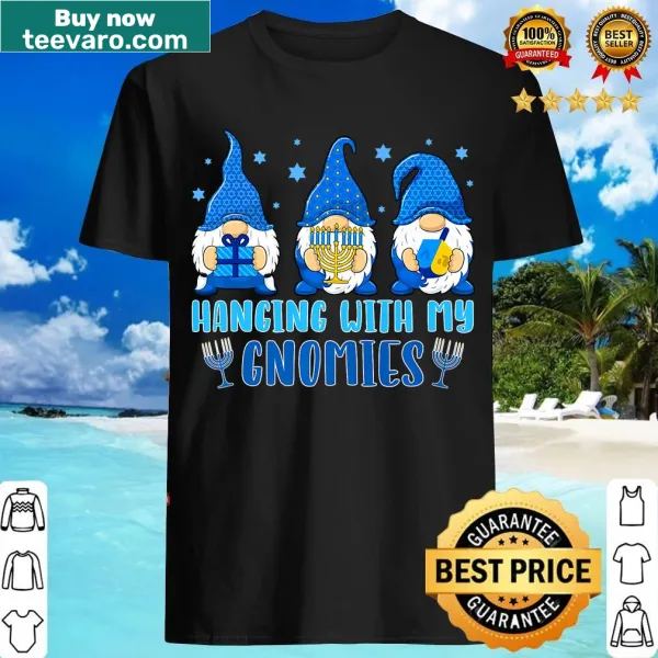 Illustration of gnomes around a menorah on a Hanukkah t-shirt