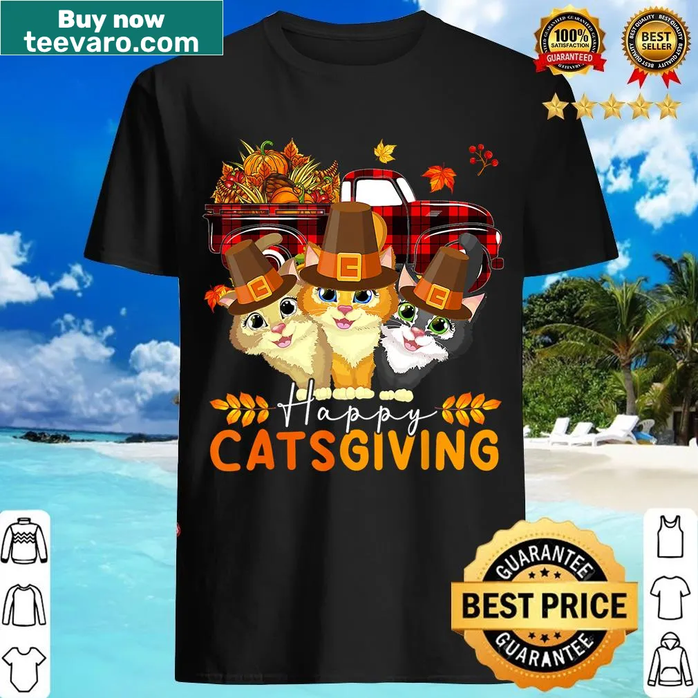 Illustration of three cute cats celebrating Thanksgiving on a t-shirt — on a men's t-shirt