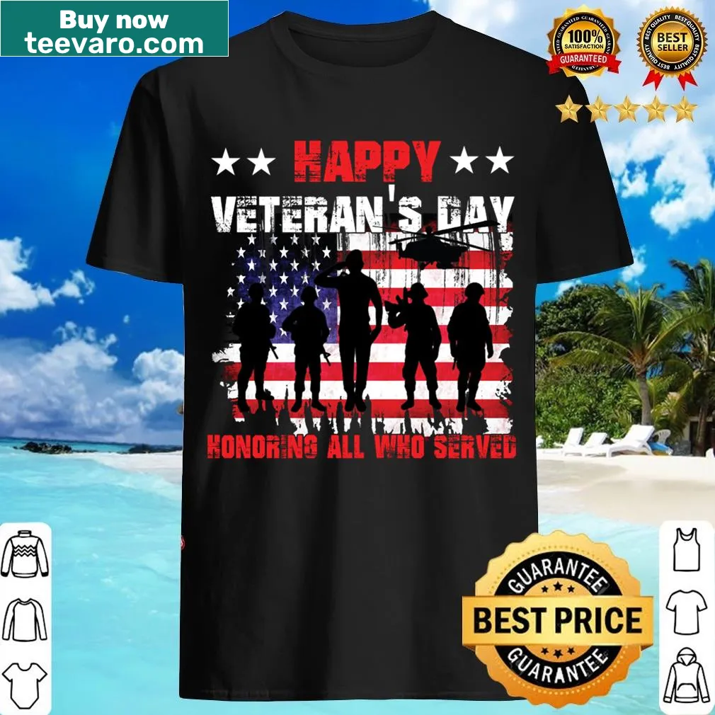 Typographic t-shirt celebrating Veteran's Day and honoring service — on a men's t-shirt