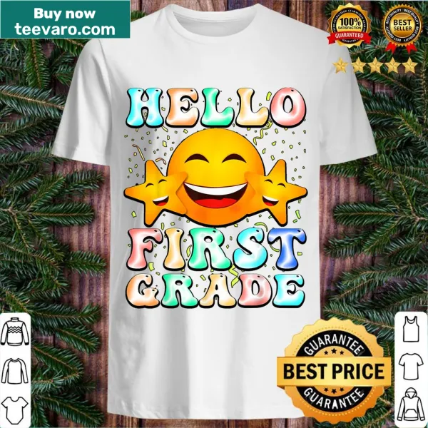 Retro-style t-shirt with Hello First Grade text and smiley graphic
