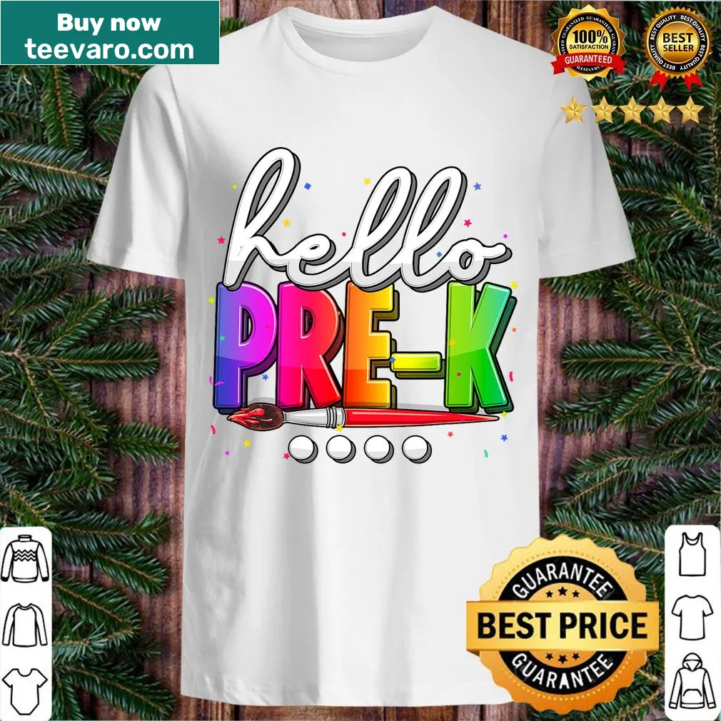 Friendly 'Hello Prek Teacher' message on a T-shirt for educators — on a men's t-shirt