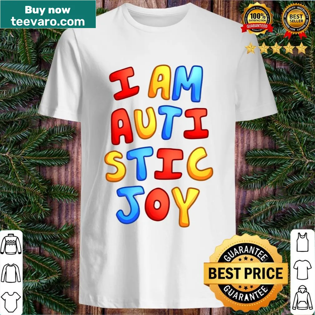 Typographic T-shirt with the phrase I Am Autistic Joy. — on a men's t-shirt
