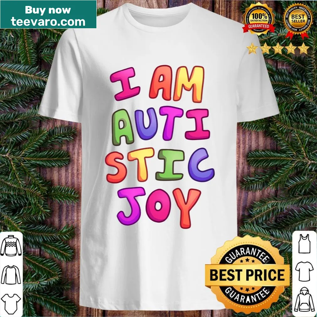 Rainbow-themed T-shirt with the phrase I Am Autistic Joy. — on a men's t-shirt