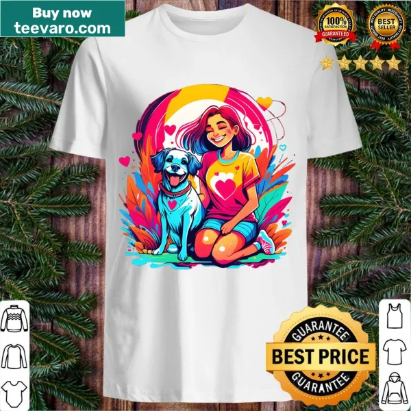 Design featuring a girl with her dog on a fitted t-shirt