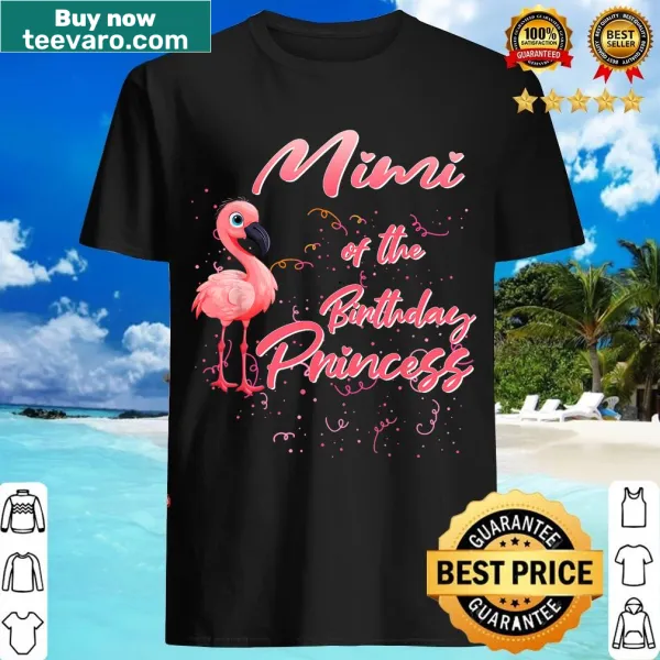Cartoon flamingos celebrating a birthday on a kids' t-shirt