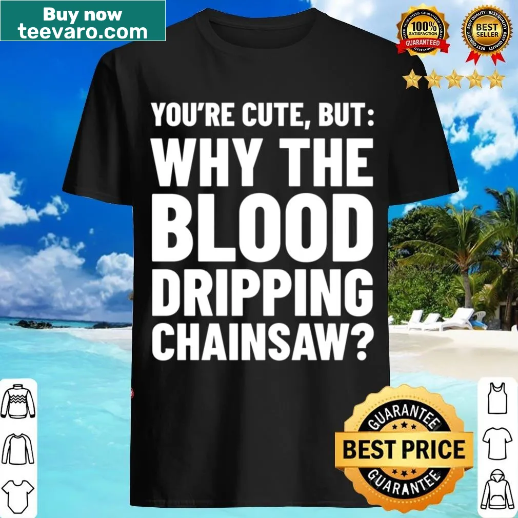 Black and white t-shirt featuring a blood-dripping chainsaw illustration. — on a men's t-shirt