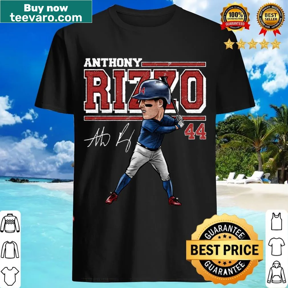 Cartoon graphic of Anthony Rizzo with Chicago C logo on t-shirt — on a men's t-shirt