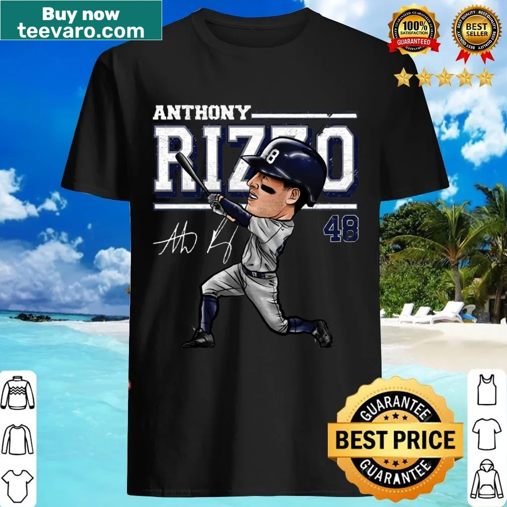 Cartoon graphic of Anthony Rizzo with New York Y logo on t-shirt — on a men's t-shirt