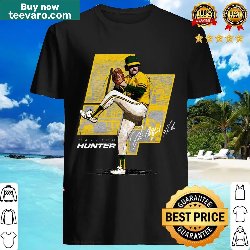 Catfish Hunter Oakland Offset T-shirt with player tribute graphic — on a men's t-shirt
