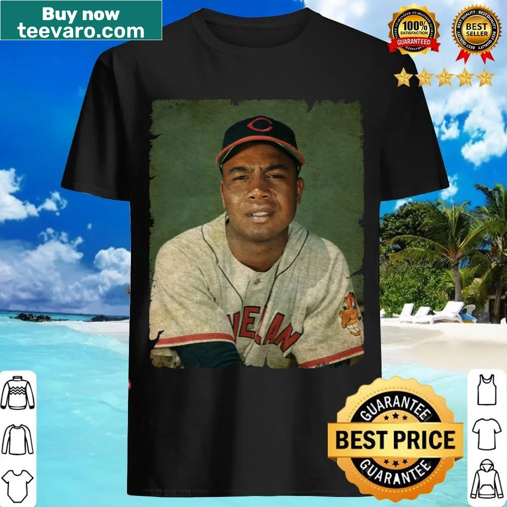 Larry Doby T-shirt with graphic of him in Cleveland Guardians uniform — on a men's t-shirt