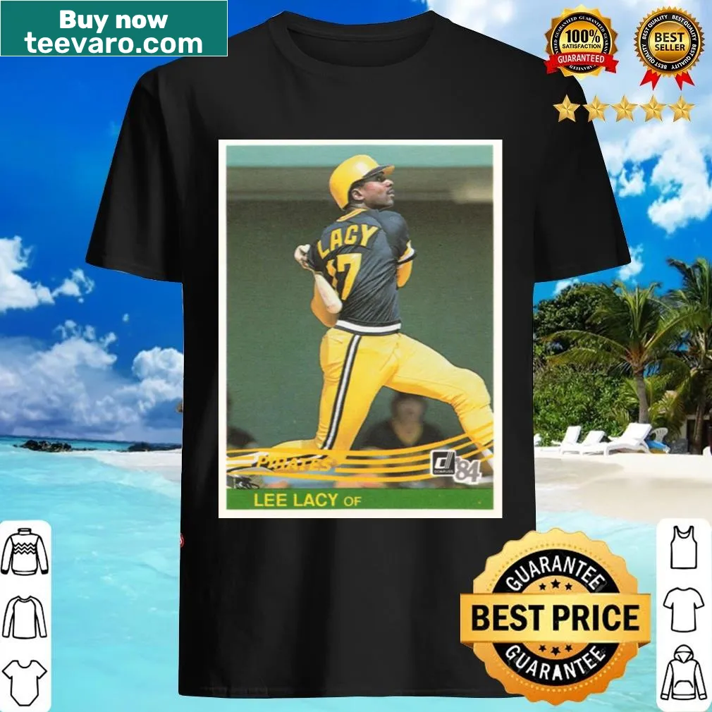 Lee Lacy T-shirt featuring graphic from 1984 Donruss card — on a men's t-shirt