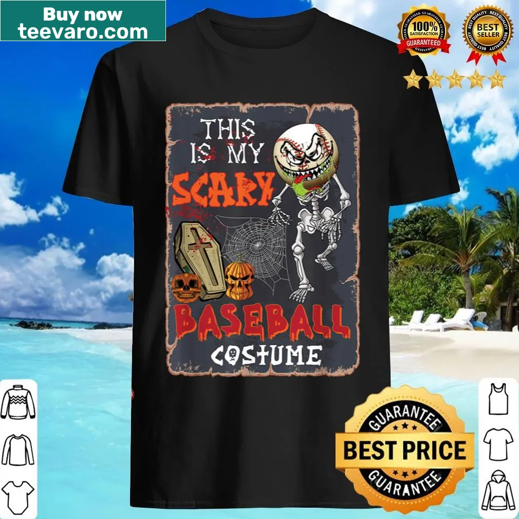 Halloween t-shirt featuring a skeleton holding a baseball — on a men's t-shirt