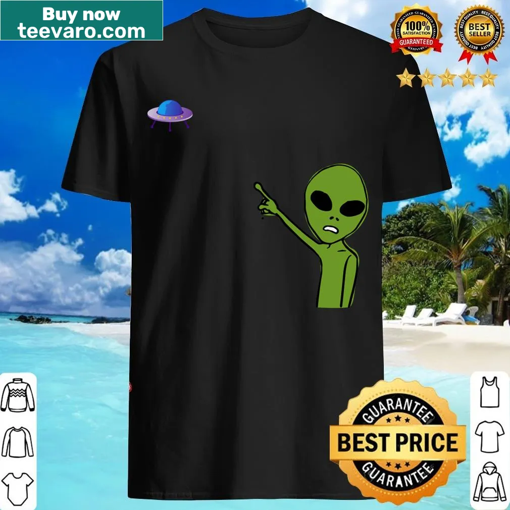 Whimsical illustration of a friendly alien on a shirt — on a men's t-shirt