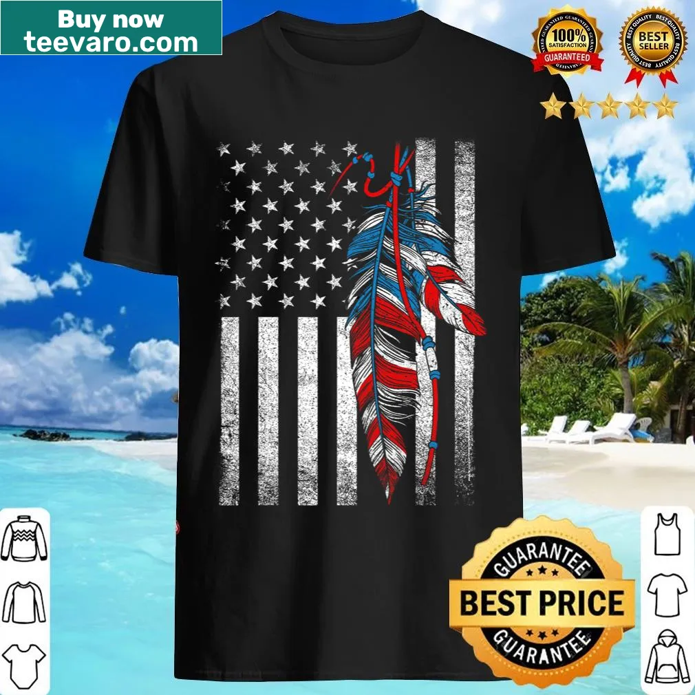 American flag with native feathers graphic on T-shirt — on a men's t-shirt