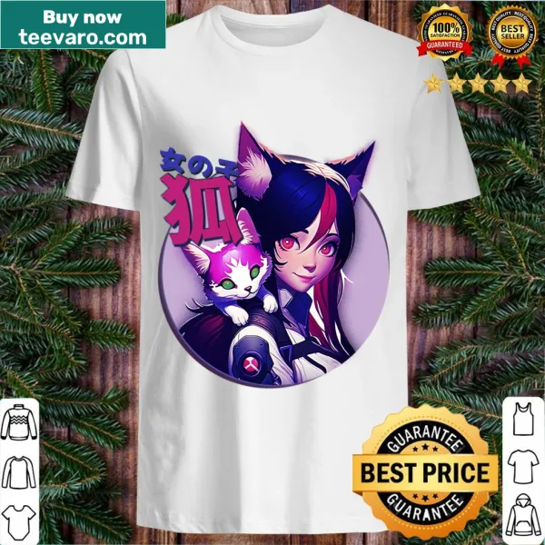 Anime girl character with cat ears graphic on a T-shirt.
