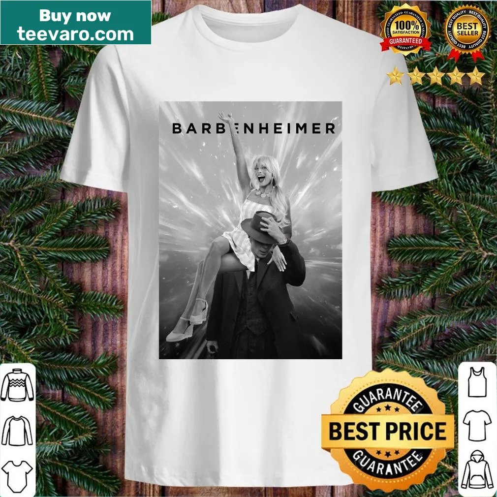 Humorous T-shirt combining Barbie and Oppenheimer reference. — on a men's t-shirt