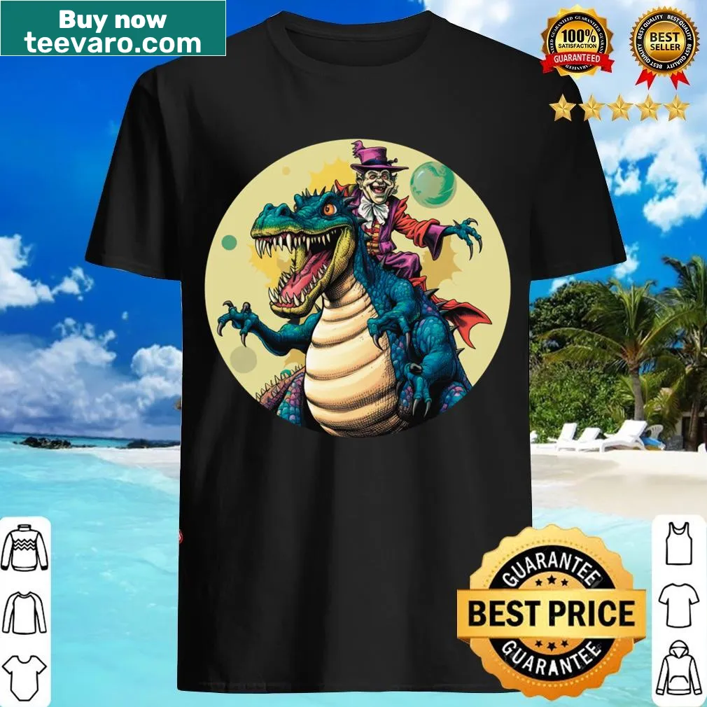 Cartoon dinosaur in clown costume graphic — on a men's t-shirt