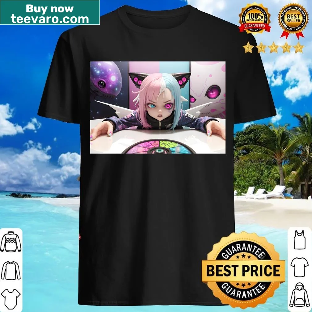 Cartoon design of a cat girl with alien features in space — on a men's t-shirt