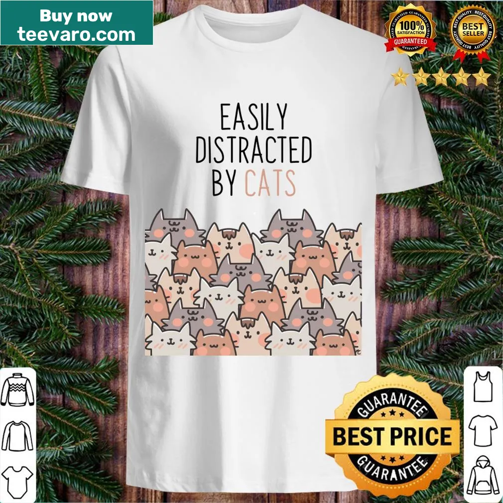 Playful t-shirt saying Easily Distracted By Cats — on a men's t-shirt