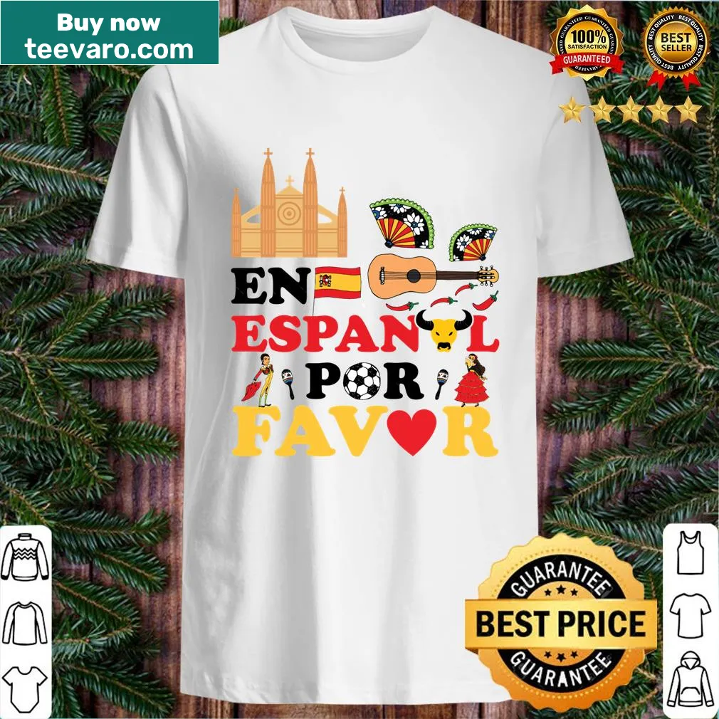 T-shirt featuring the phrase 'En Espanol Por Favor' in playful typography — on a men's t-shirt