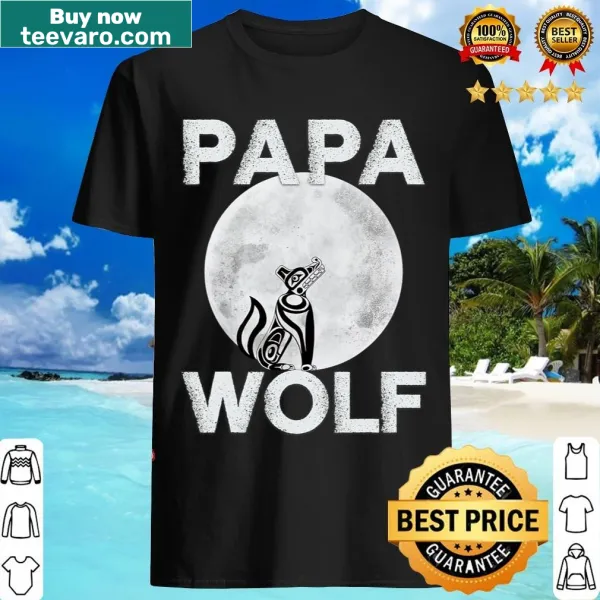 Vintage T-shirt with a Haida wolf and moon design, symbolizing fatherhood