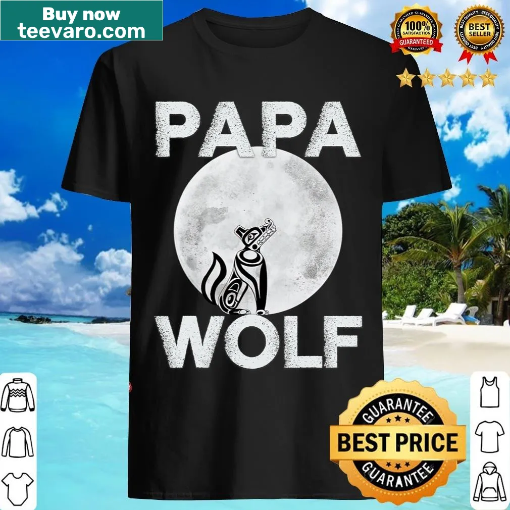 Vintage T-shirt with a Haida wolf and moon design, symbolizing fatherhood — on a men's t-shirt