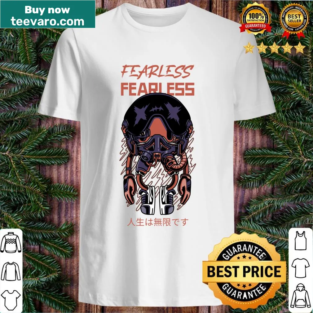 Illustrative graphic of a spacecraft with stars and 'Fearless In Space' text — on a men's t-shirt