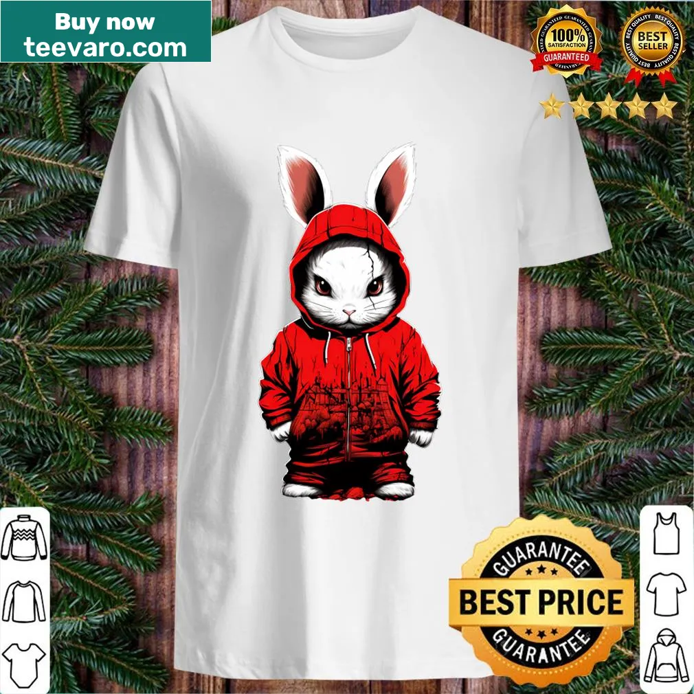 Glitch-style bunny graphic on T-shirt — on a men's t-shirt