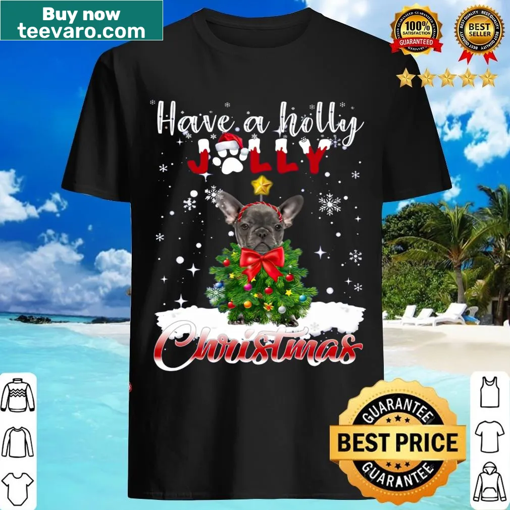 Grey French Bulldog Christmas t-shirt with festive hat and holiday text — on a men's t-shirt