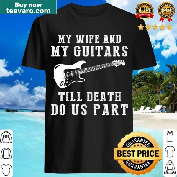 Humorous typography design about love for wife and guitars on a t-shirt