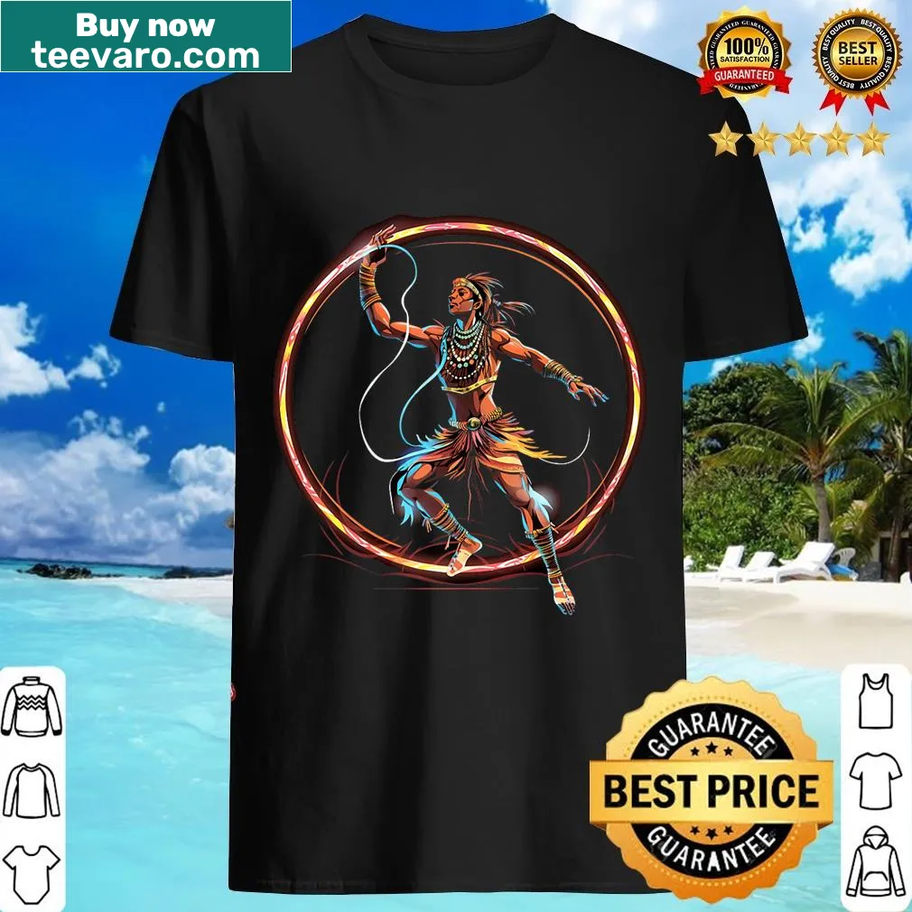 Illustrated T-shirt featuring a hoop dancer representing Native American tribal dance — on a men's t-shirt